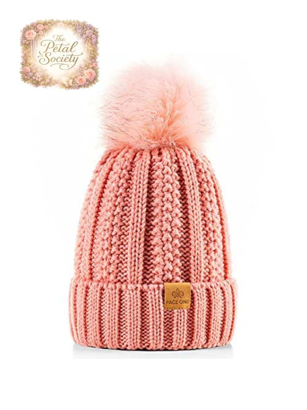 Faux Fur Pom Pom Cable Knit Beanie Fleece Lined Winter Hat Skull Cap